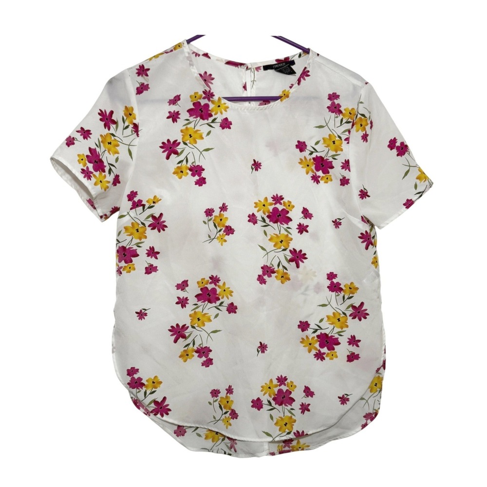 Forever 21 Floral Blouse White Pink Yellow Short Sleeve Women Small S Spring Top